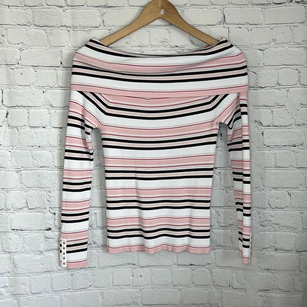 White House Black Market White Black Pink Striped Off Shoulder Ribbed Sweater si